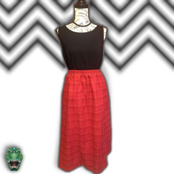 Vintage 1990’s Quirky Twee Schoolgirl Red & Black Elastic Waist Plaid Midi Skirt - Picture 5 of 6